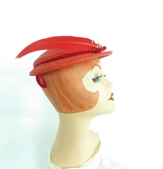 Vintage red hat 1950s, woman's 50s boater with fe… - image 2