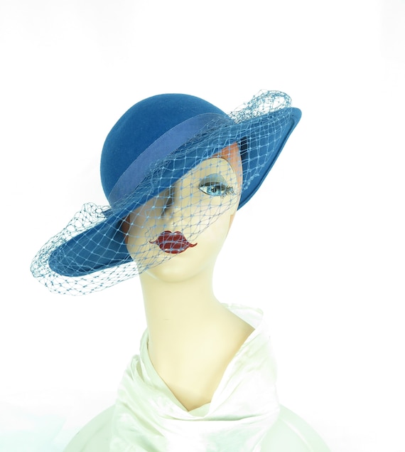 Vintage blue hat womans royal blue tilt, 1970s - image 2