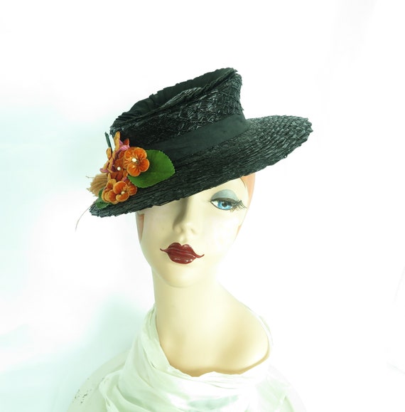 Vintage 30s hat black tilt womans 1930s 1940s ora… - image 7