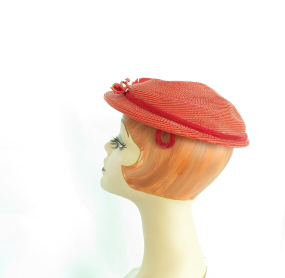 Vintage red hat 1950s, woman's 50s boater with fe… - image 6