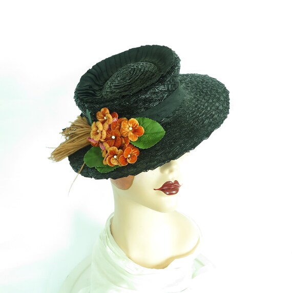 Vintage 30s hat black tilt womans 1930s 1940s ora… - image 3