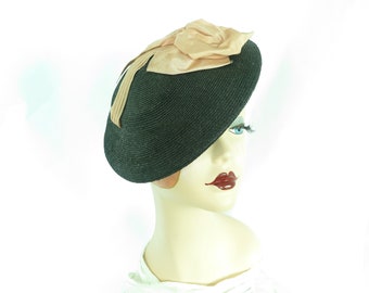 Vintage 30s hat black tilt with bow womans 1930s 1940s fascinator