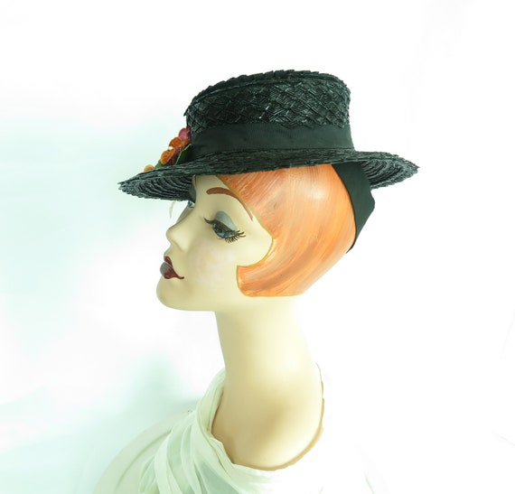 Vintage 30s hat black tilt womans 1930s 1940s ora… - image 5