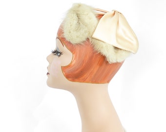 Women's fur hat, 1950s mink, vintage halfhat, satin bow