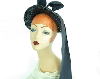 Vintage 40s hat navy with ribbon womans 1940s straw tilt