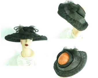 Vintage 40s hat black open crown wide brim womans 1940s 1950s
