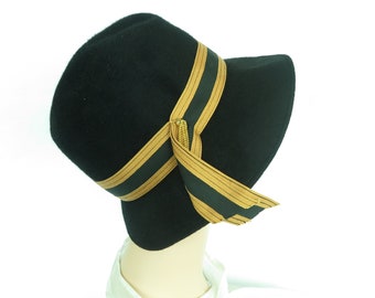 Vintage cloche hat 60s bucket black with gold trim womans 1960s