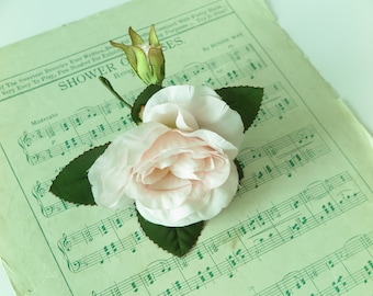 Vintage pink rose with green leaves single bud silk NOS