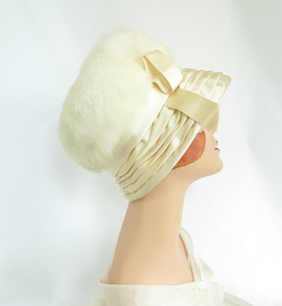 1960s fur hat, vintage rabbit fur, satin bucket ha