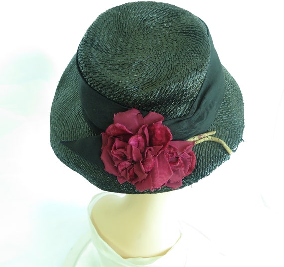 1930s vintage hat, straw fedora maroon flowers, w… - image 8