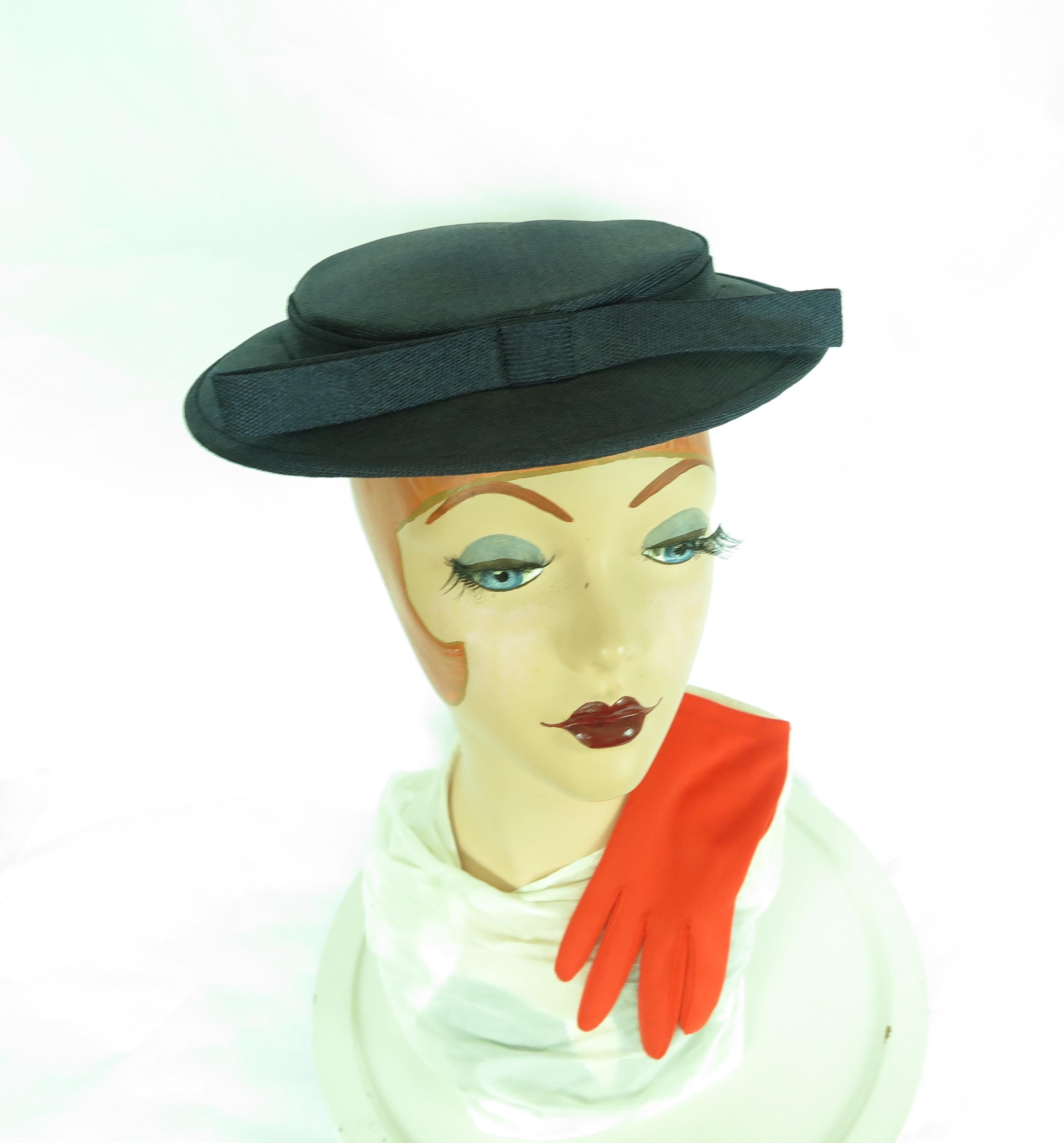 1950s Blue Hat Red Gloves. Vintage 50s Dress Hat, Woman display picture 3
