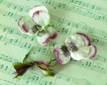 Vintage millinery flowers purple pansy bud flowers velvet flocked cloche hat