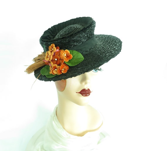 Vintage 30s hat black tilt womans 1930s 1940s ora… - image 1