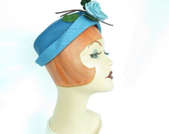 Vintage 50s hat blue with rose womans 1950s pillbox