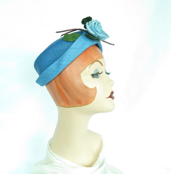 Vintage 50s hat blue with rose womans 1950s pillbo