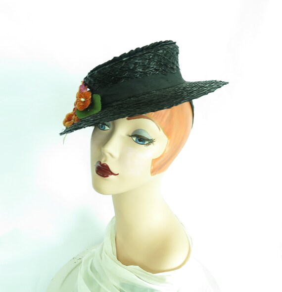 Vintage 30s hat black tilt womans 1930s 1940s ora… - image 6