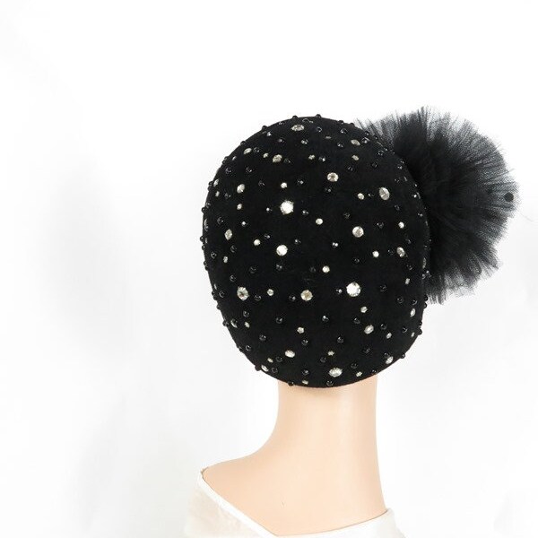 Black cloche hat, woman's vintage with tulle, rhinestones. Saks Fifth Avenue