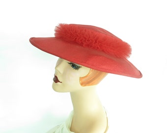 Vintage 50s hat red with ruffles womans 1950s Lynne Brooke