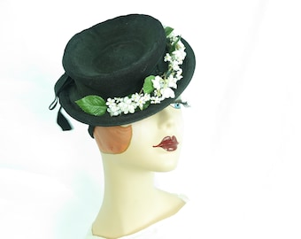 Vintage 40s hat black tilt womans 1940s toy percher Steampunk Goth