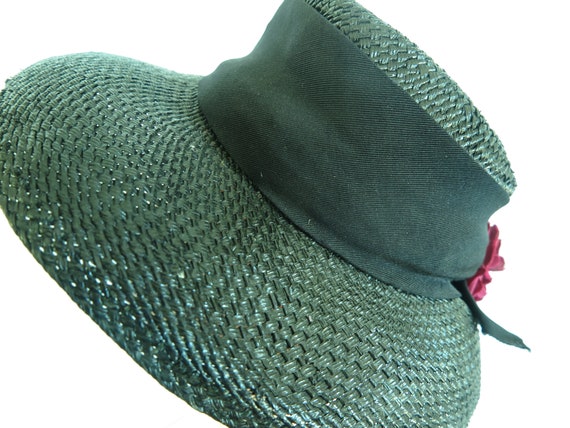 1930s vintage hat, straw fedora maroon flowers, w… - image 9
