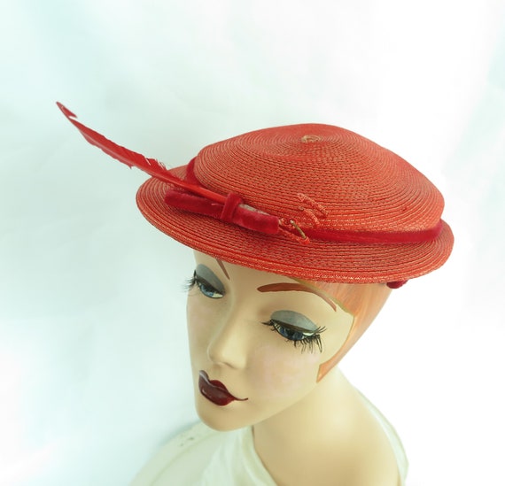 Vintage red hat 1950s, woman's 50s boater with fe… - image 9