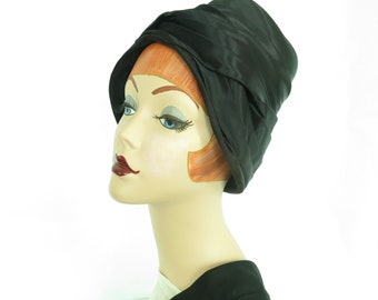 Vintage turban hat, 60s black satin with gloves womans 60s mod high fashion