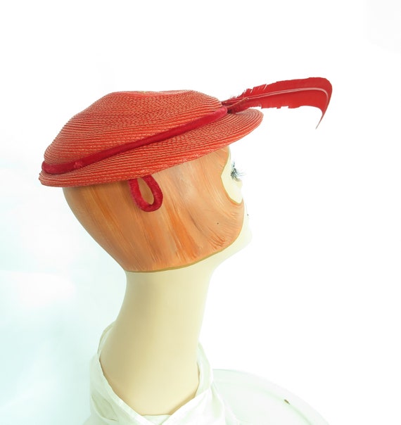 Vintage red hat 1950s, woman's 50s boater with fe… - image 4