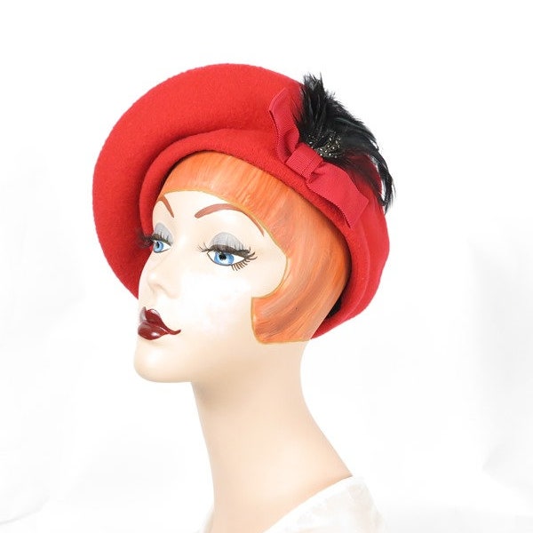 Red beret hat, woman's Kangol, black feathers