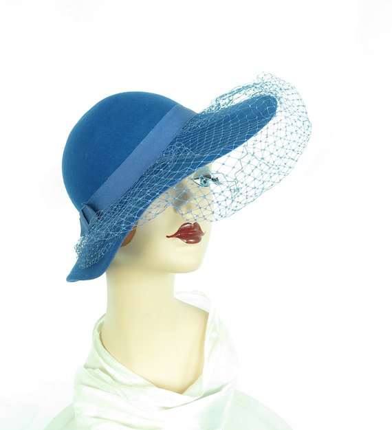 Vintage blue hat womans royal blue tilt, 1970s - image 1