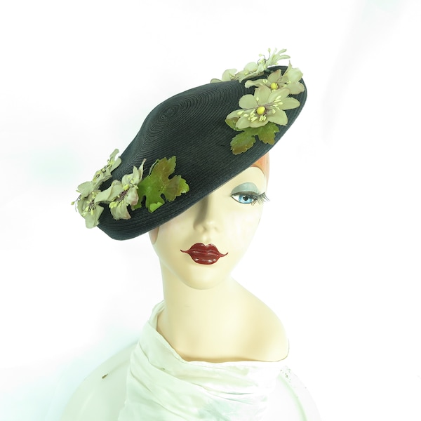 Vintage 40 hat black tilt flowers womans 1940s