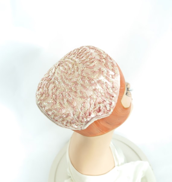 1950s pink hat, woman's vintage cocktail hat, sequ