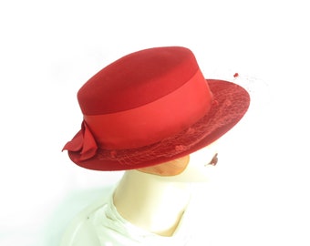 Vintage red hat boater 70s womans 1970s tilt