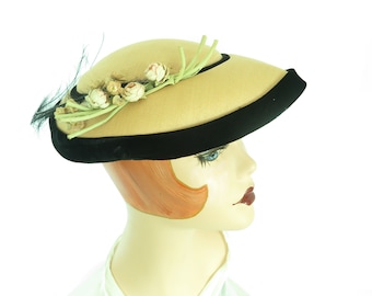 Vintage 50s hat straw and black velvet, womans mid century