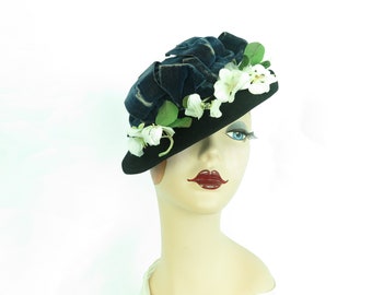 Vintage 40s hat black tilt velvet bows white flowers womans 1940s