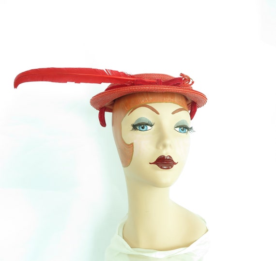 Vintage red hat 1950s, woman's 50s boater with fe… - image 3