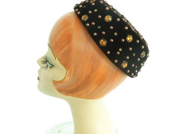 Vintage pillbox hat 50s 60s brown tilt womans 1950s Paris