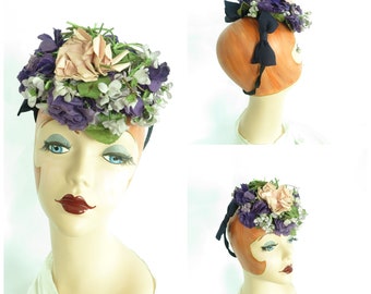 Vintage 40s hat forward tilt womans 1940s lavender flowers