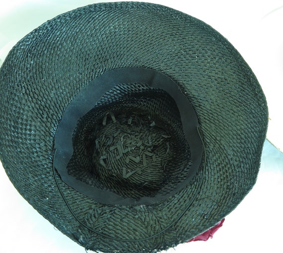 1930s vintage hat, straw fedora maroon flowers, w… - image 10