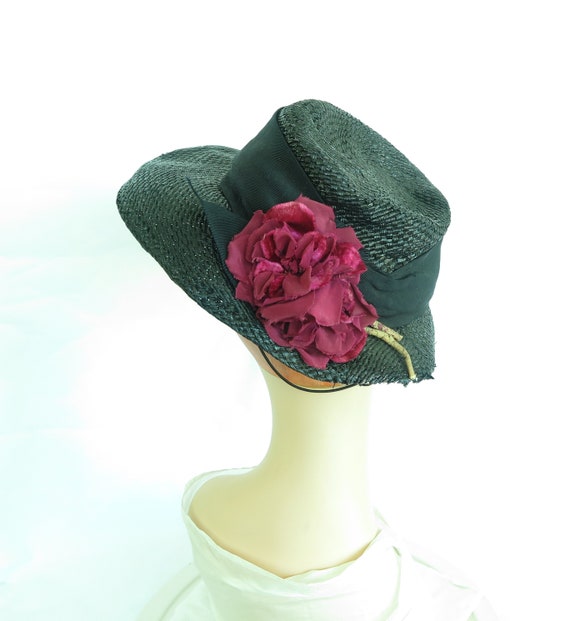 1930s vintage hat, straw fedora maroon flowers, w… - image 4