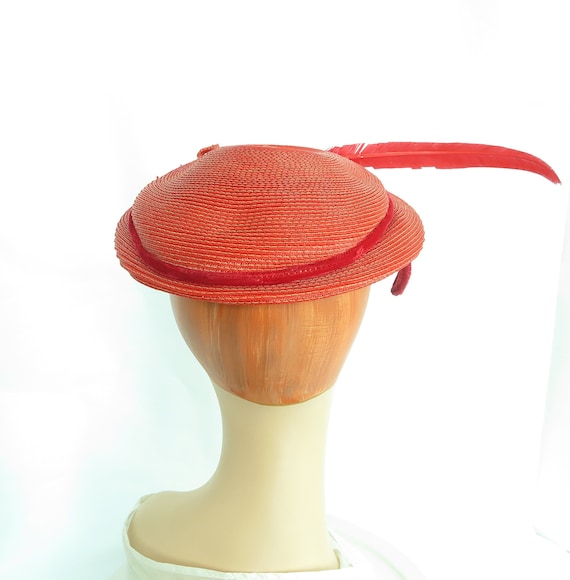 Vintage red hat 1950s, woman's 50s boater with fe… - image 5