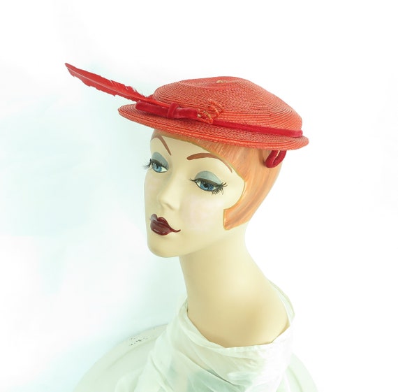 Vintage red hat 1950s, woman's 50s boater with fe… - image 8