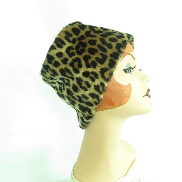 Vintage 60s hat leopard bucket womans 1960s faux fur