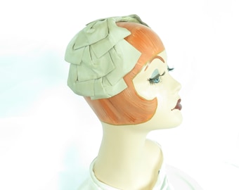 Vintage bow hat 50s beige satin womans 1950s mid century taupe halfhat