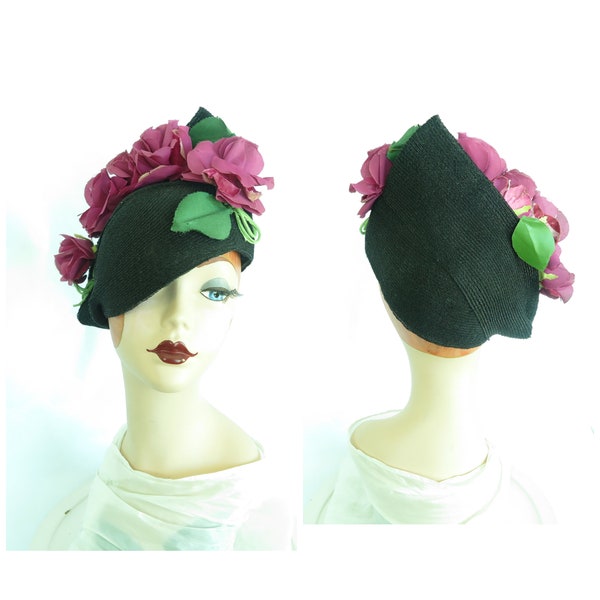 Vintage 40s hat black tilt with fuchsia flowers womans 1940s