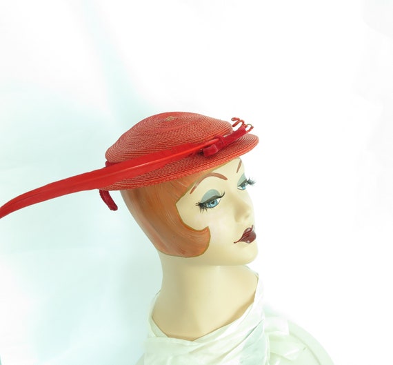 Vintage red hat 1950s, woman's 50s boater with fe… - image 7