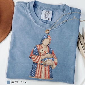 Comfort Colors Faux Patchwork Jesus Shirt, Patriotic Christian Fourth Of July Shirt, American Flag Faith Tee Retro Christian Religious Gift