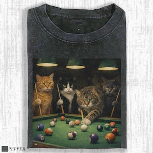 Funny Cats Playing Pool Shirt, Vintage Cat Meme Graphic Tee, Cool Animal Billiards Shirt Gift For Him, Retro Streetwear, Humor Cat Shirt