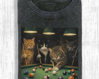 Funny Cats Playing Pool Shirt, Vintage Cat Meme Graphic Tee, Cool Animal Billiards Shirt Gift For Him, Retro Streetwear, Humor Cat Shirt
