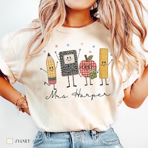 Comfort Colors Personalized Faux Patchwork Teacher Shirt, Funny Teacher School Supplies Tee, Custom Teacher Name Gift, Back To School Tshirt