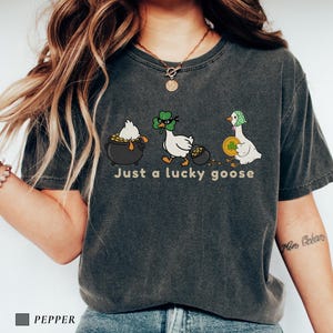 pepper comfort colors t-shirt with three illustrated geese, one in a pot of gold, one wearing a shamrock mask, and one holding a coin, playful st patrick’s day design